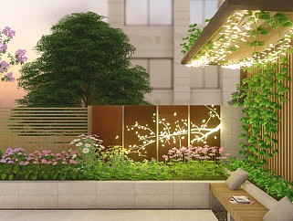 现代花园庭院景观 景墙 休闲座凳 灯具 耐候钢板